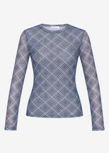 Mesh Langarmshirt mit kariertem Muster - blau