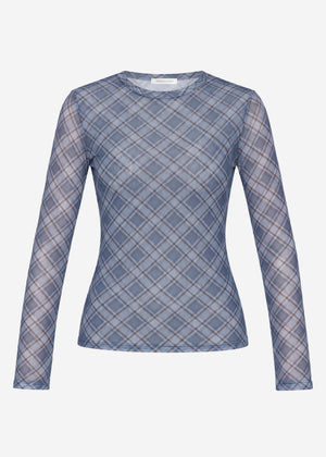 Mesh long-sleeved top with checked pattern - blue