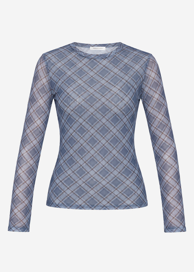 Mesh Langarmshirt mit kariertem Muster - blau