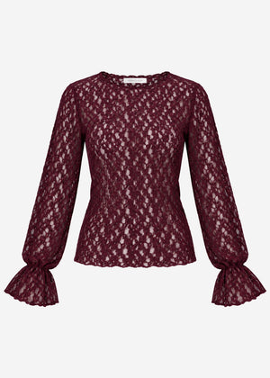 Long-sleeved lace top with flounce sleeves - plum