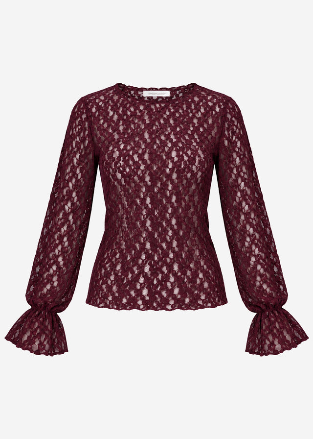 Long-sleeved lace top with flounce sleeves - plum