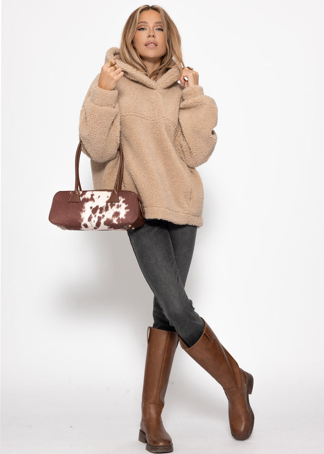 Faux leather shoulder bag with cow print - brown