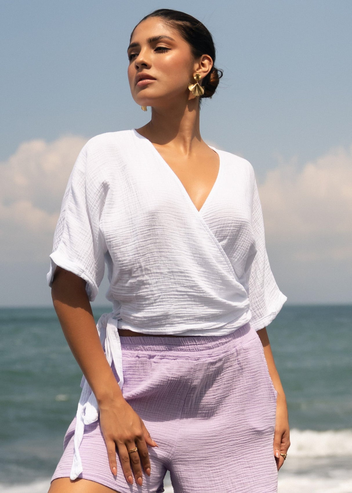 Musselin Bluse zum Wickeln - weiß