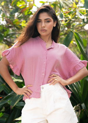 Musselin Bluse mit Rüschensaum - rosa