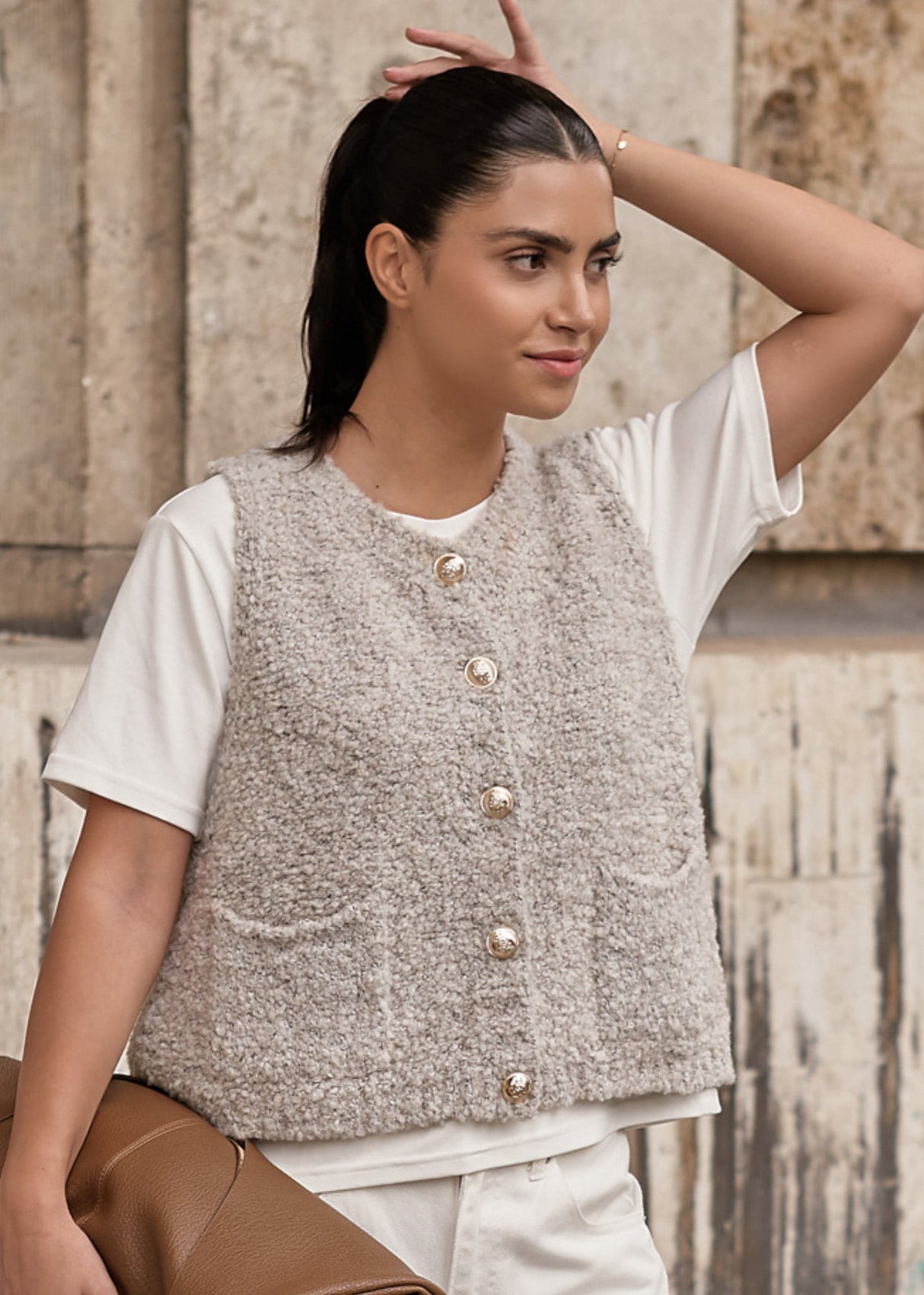 Bouclé-Weste mit Taschen - greige