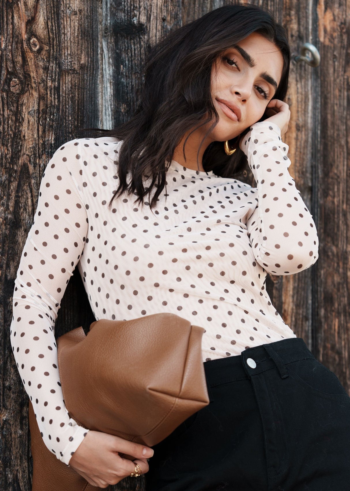Mesh long-sleeved shirt with dots - beige