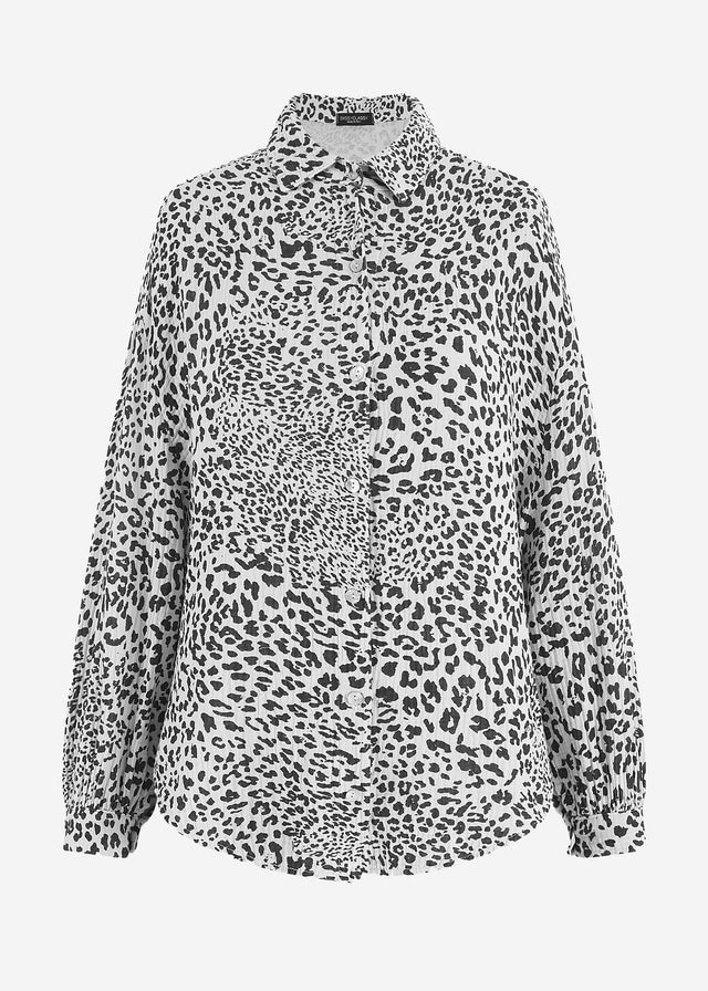 Musselin Bluse oversize, kurz, mit Leo-Print - hellbeige