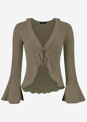 Muslin cardigan with flounces, khaki
