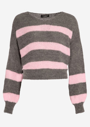 Pullover mit rosa Streifen - grau
