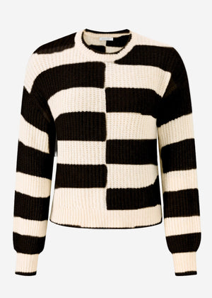Flauschiger Pullover mit versetzten Blockstreifen - schwarz-offwhite