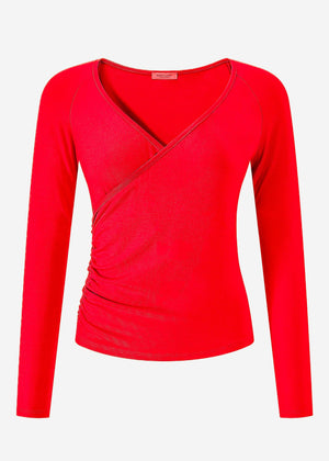 Long-sleeved shirt with wrap look - red