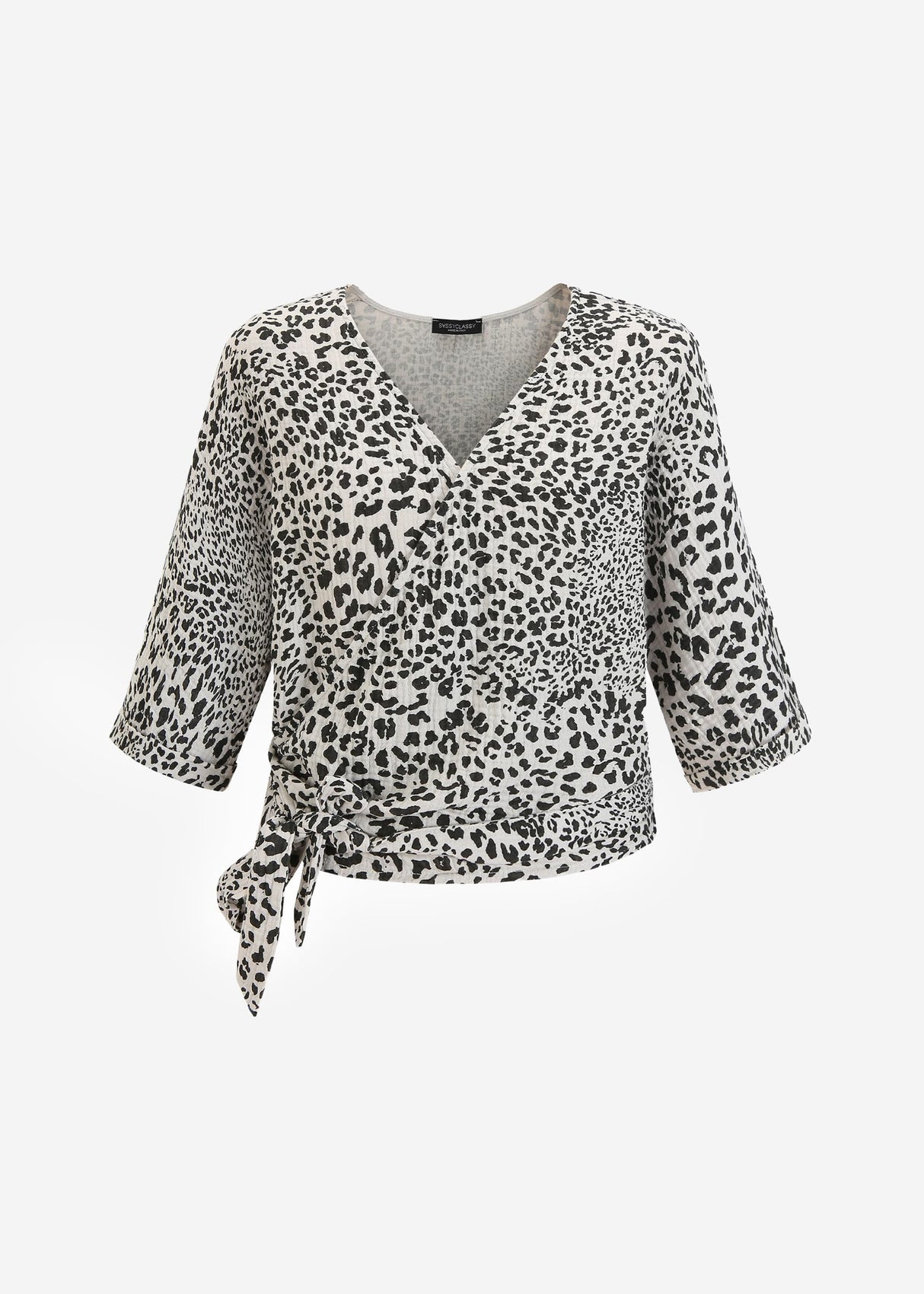 Musselin Bluse zum Wickeln mit Leo-Print - hellbeige