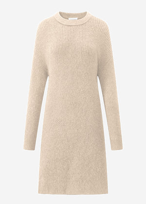 Geripptes Strickkleid - beige