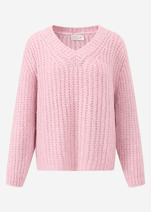 Oversize Grobstrick Pullover mit V-Ausschnitt - rosa
