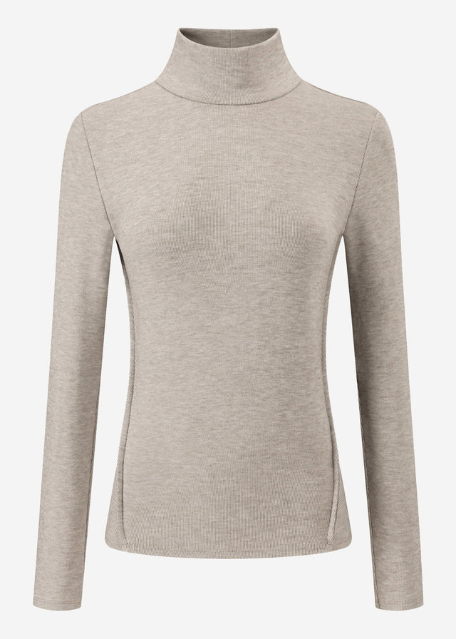 Roll neck top with decorative stitching - taupe marl