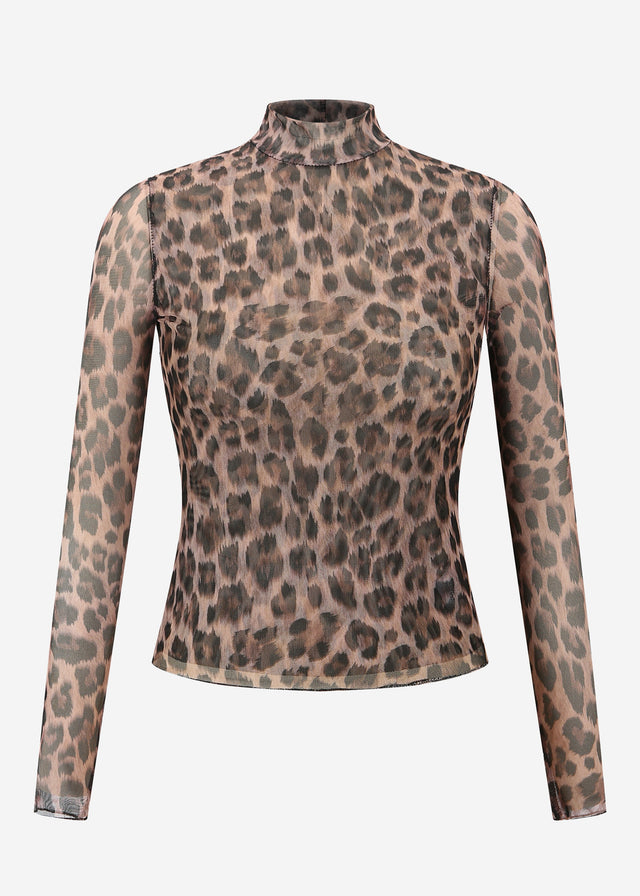 Mesh long-sleeved top with leopard print - brown