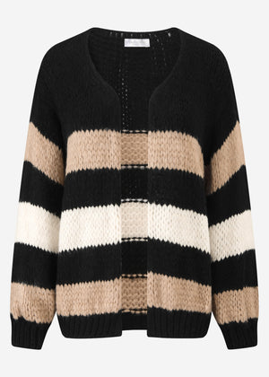 Gestreifter Cardigan mit Ballonärmel - schwarz-camel-offwhite