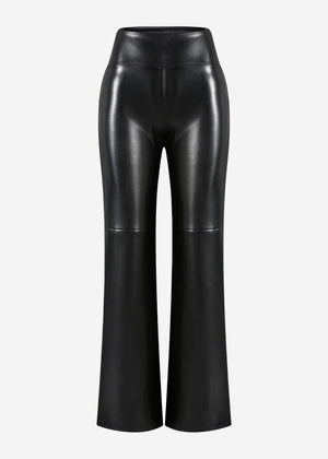 High-Rise Flared Thermo Faux Leather Leggings with Wide Waistband - Black