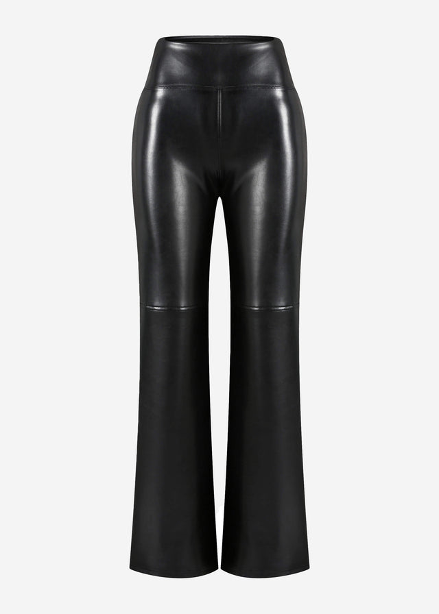 High-rise flared thermal faux leather leggings with wide waistband - black