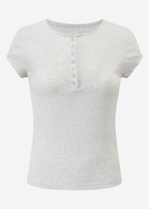 Geripptes T-Shirt mit Knopfleiste - hellgrau