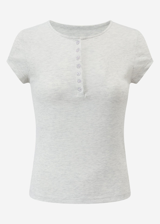 Geripptes T-Shirt mit Knopfleiste - hellgrau