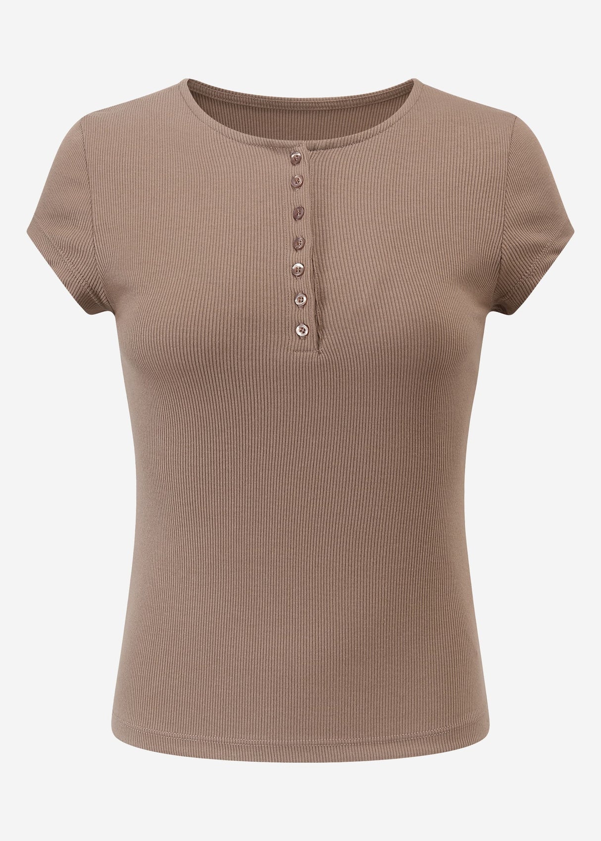 Geripptes T-Shirt mit Knopfleiste - taupe