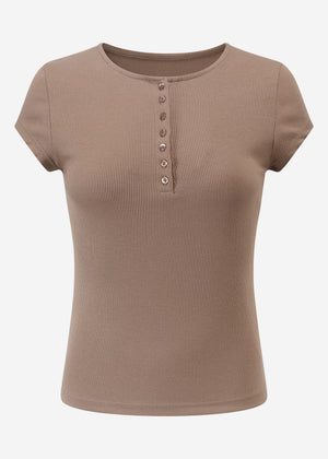 Geripptes T-Shirt mit Knopfleiste - taupe