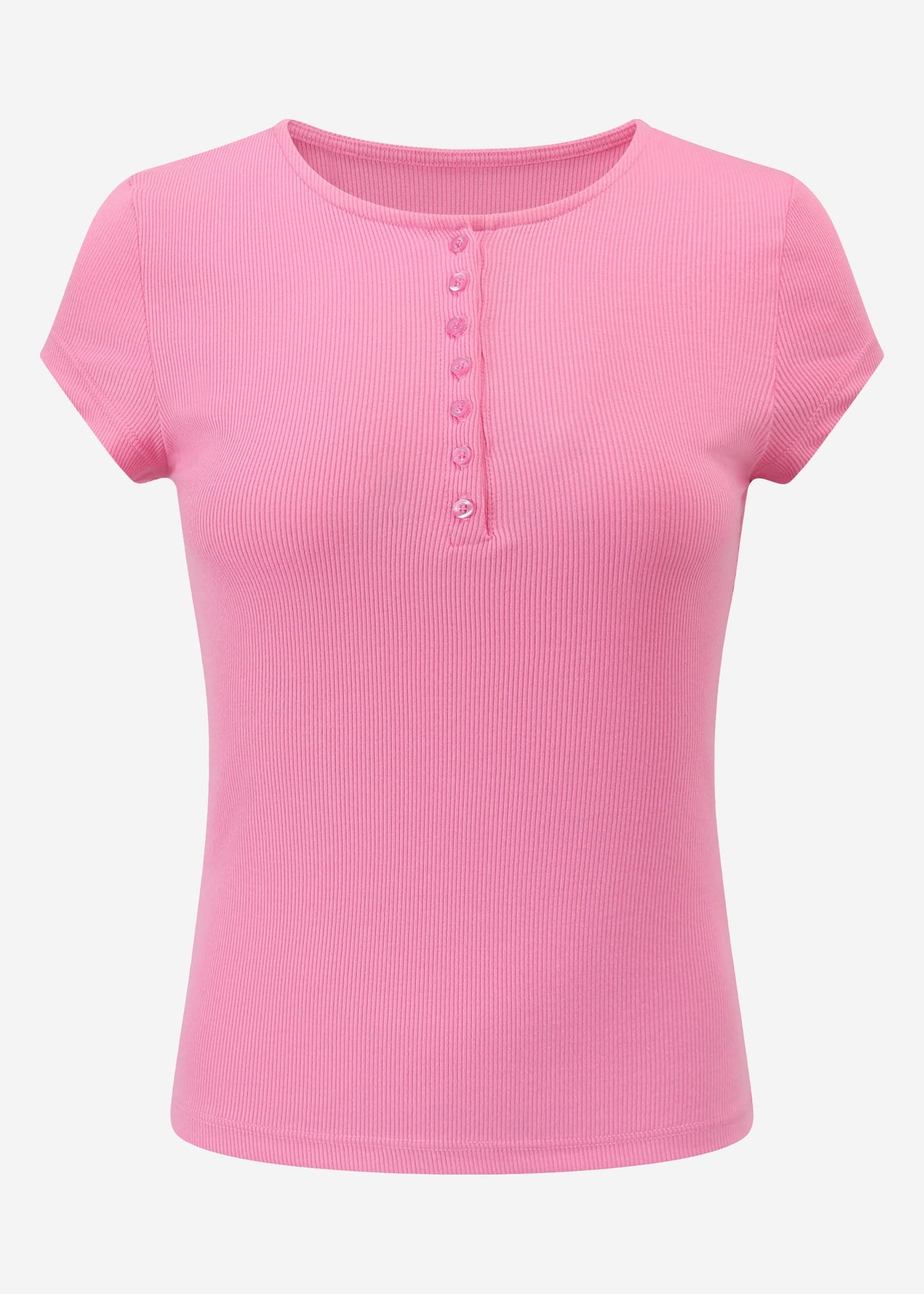 Geripptes T-Shirt mit Knopfleiste - pink