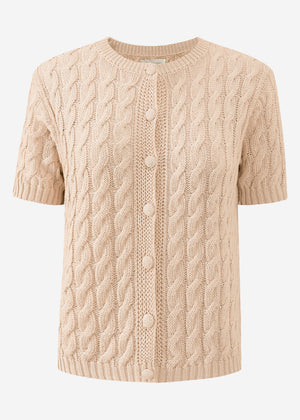Short sleeve cardigan with cable knit pattern - beige