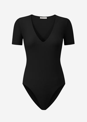 Short sleeve bodysuit with V-neck - black