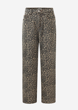 Wide Leg Jeans mit hohem Bund in Leo-Print - beige