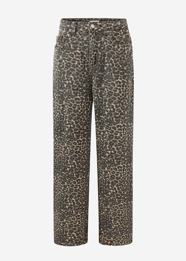 Wide Leg Jeans mit hohem Bund in Leo-Print - braun