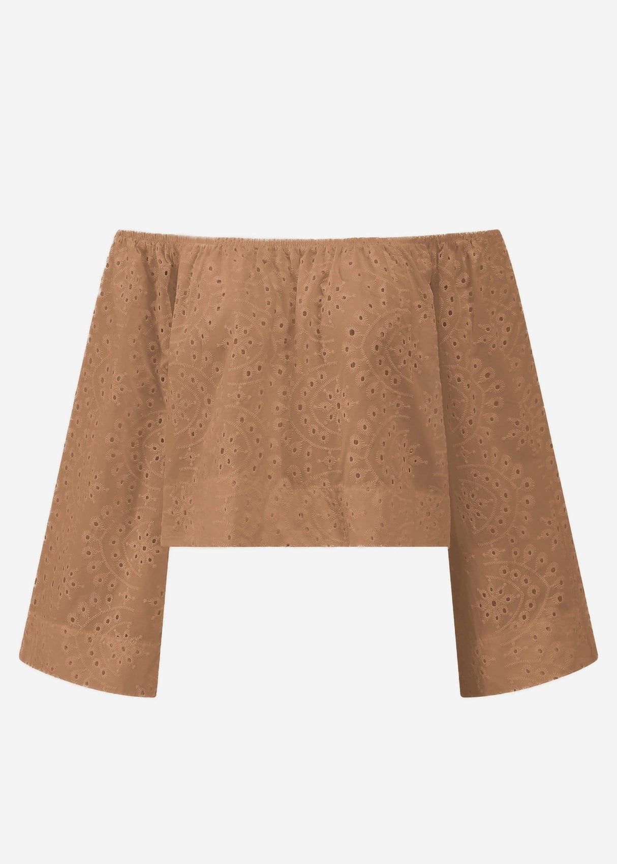 Schulterfreies Langarm Top mit Lochstickerei - mocca mousse