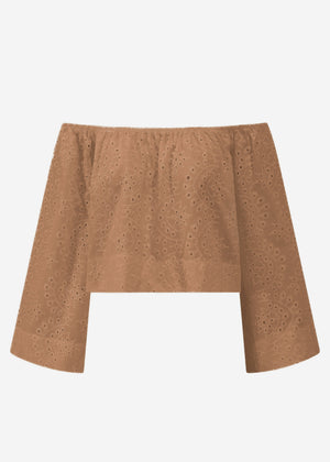Schulterfreies Langarm Top mit Lochstickerei - mocca mousse