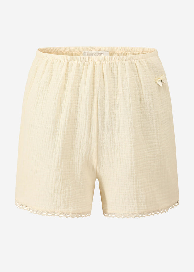 Musselin Pyjamashorts mit Spitzenborte - buttergelb