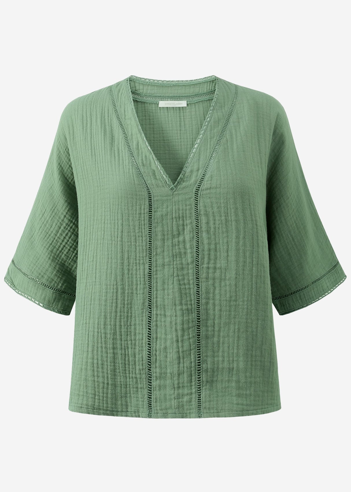 Musselin Bluse mit Spitzeneinsatz - salbeigrün