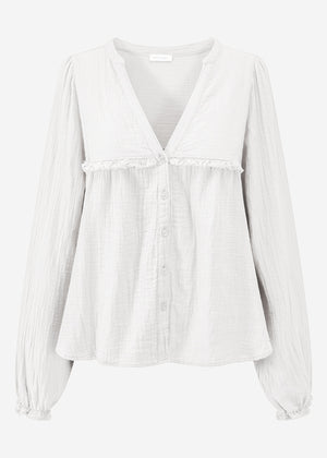 Musselin Bluse mit V-Ausschnitt und Fransen - weiß