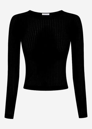 Leicht transparentes Langarmshirt mit Rippstruktur - schwarz
