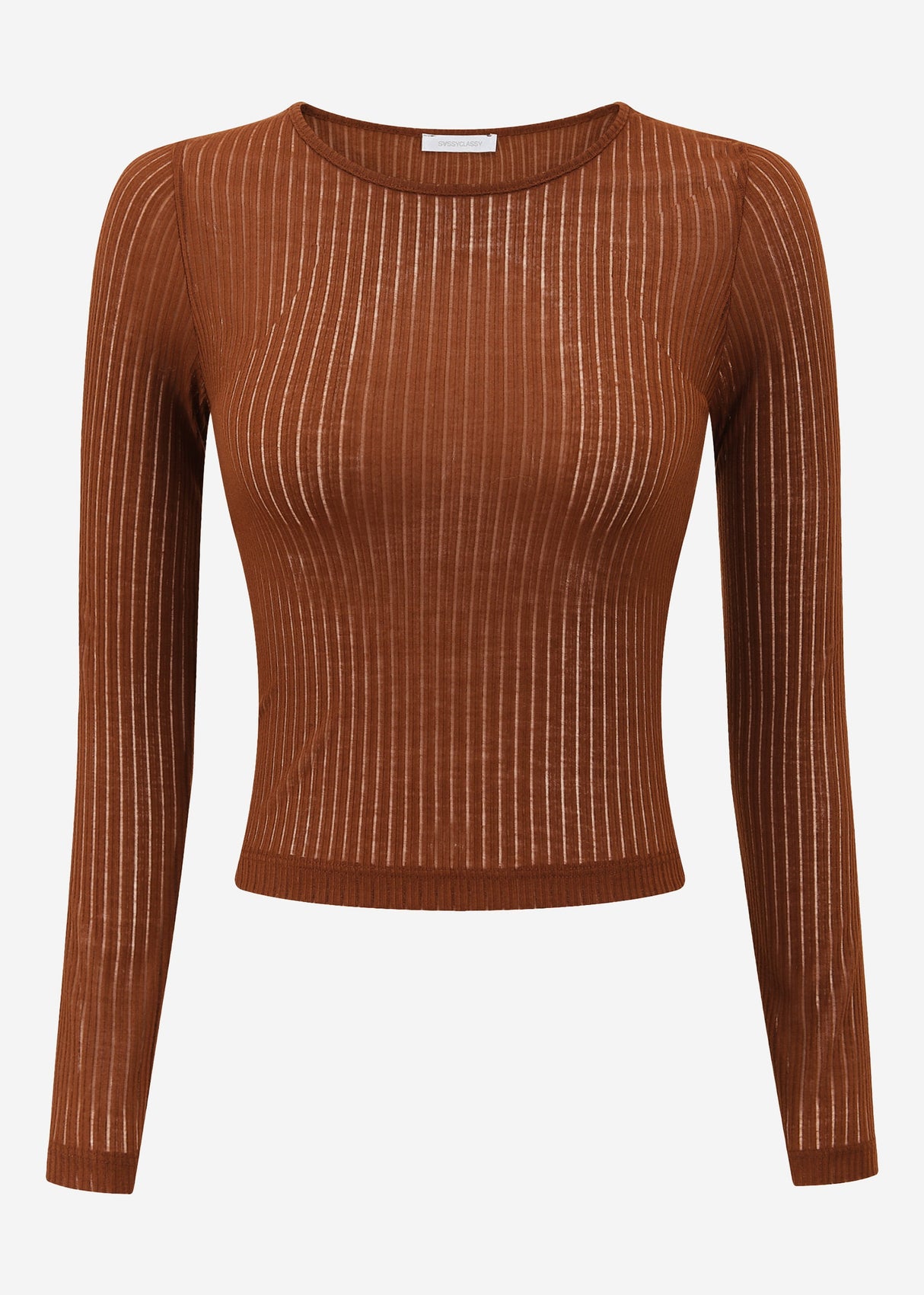 Leicht transparentes Langarmshirt mit Rippstruktur - braun