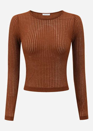 Leicht transparentes Langarmshirt mit Rippstruktur - braun