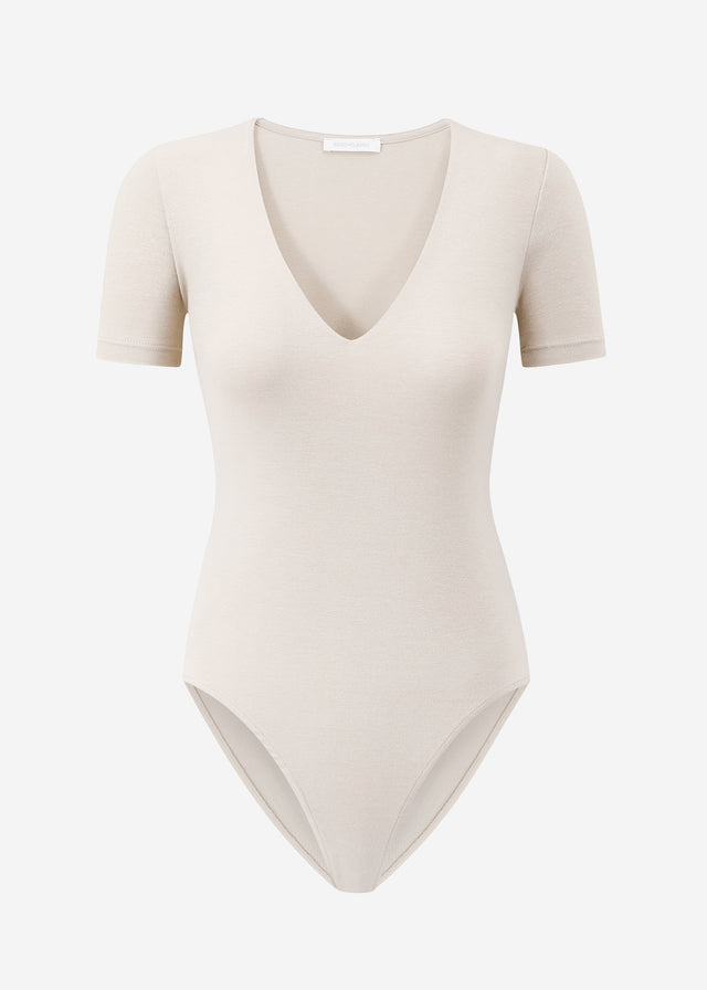 Short-sleeved bodysuit with V-neck - light beige