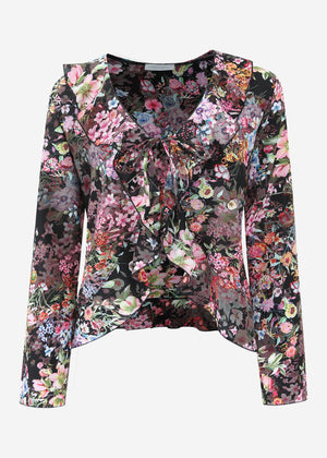 Bluse mit Bindeband und Blumen-Print - schwarz