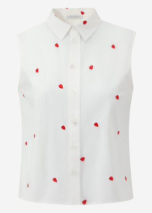 Ärmellose Bluse mit roter Herzstickerei - weiß
