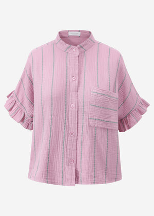Gestreifte Musselin Bluse mit Volants - rosa