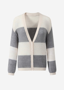 Striped fine knit cardigan with V-neck - grey-light beige