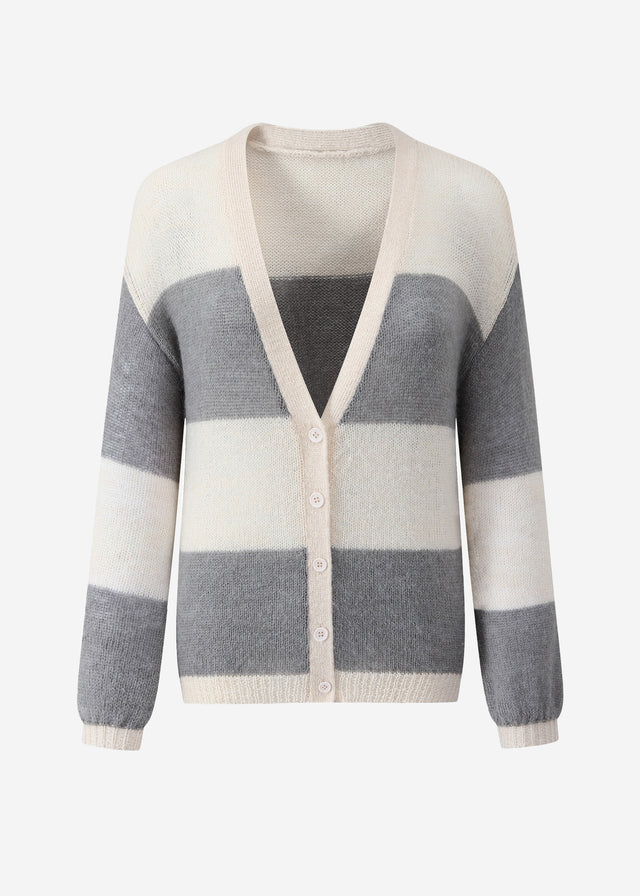 Striped fine knit cardigan with V-neck - grey-light beige
