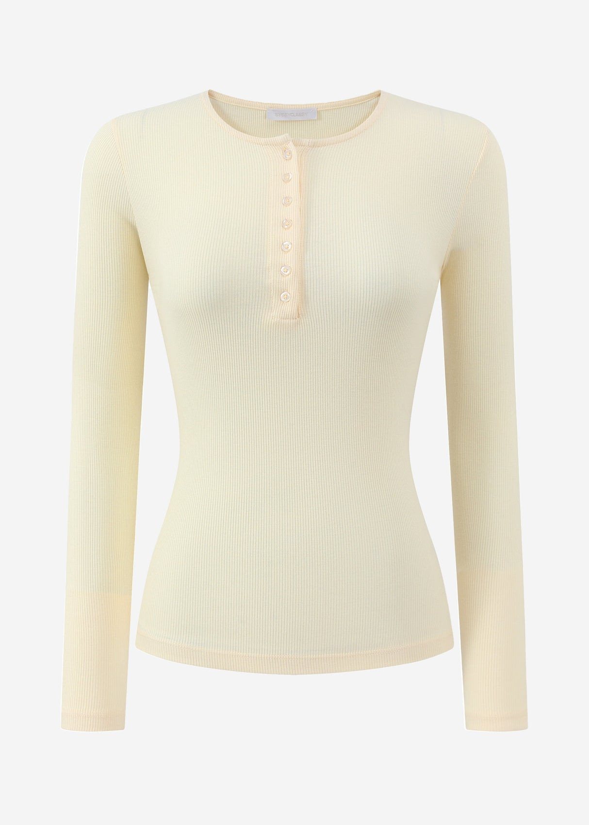 Geripptes Langarmshirt mit Knopfleiste - buttergelb