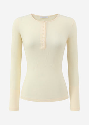 Geripptes Langarmshirt mit Knopfleiste - buttergelb