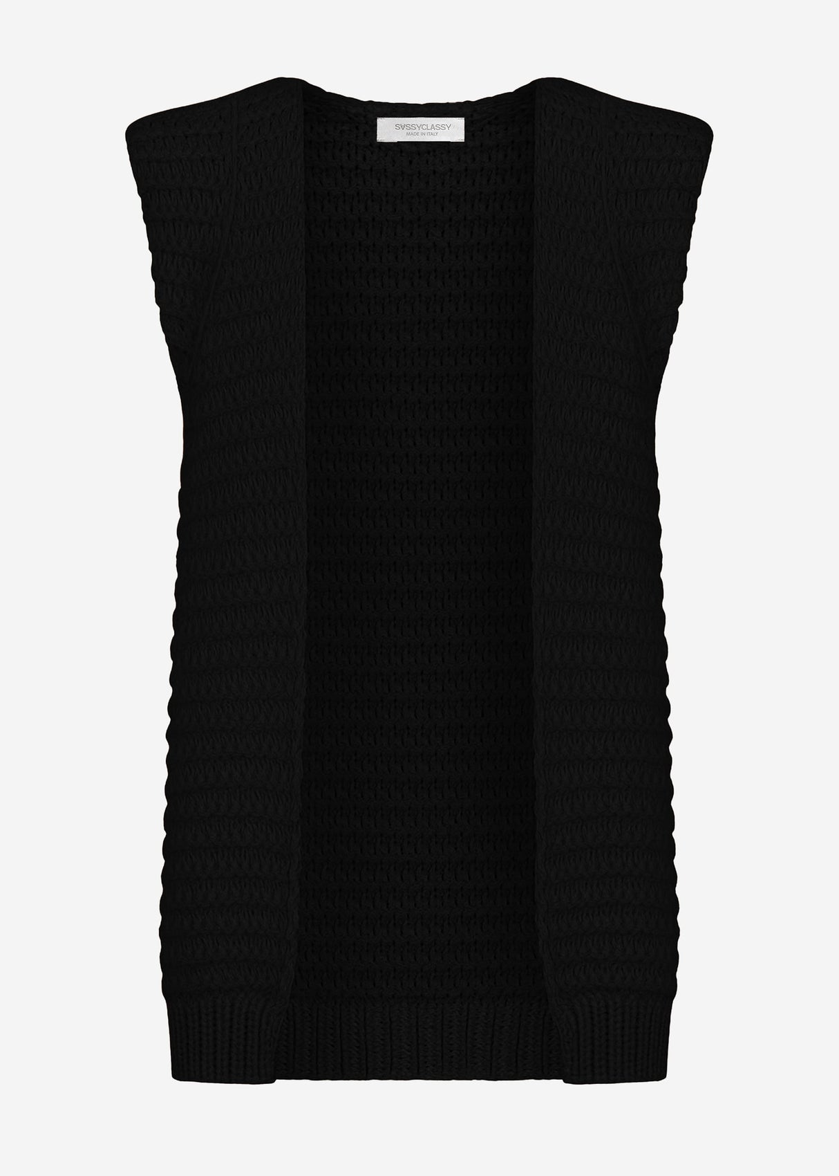 Long sleeveless knitted vest with structured shoulders - black