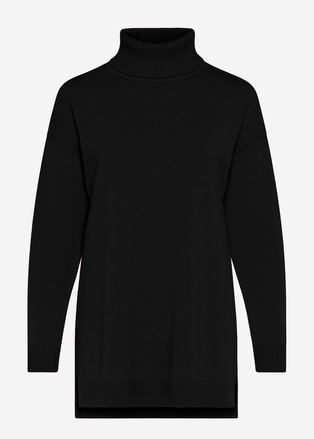 Oversized roll neck jumper with long side slits - black